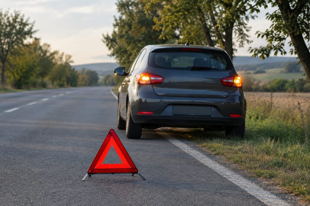 Mașină oprită pe marginea drumului cu luminile de avarie și triunghi reflectorizant